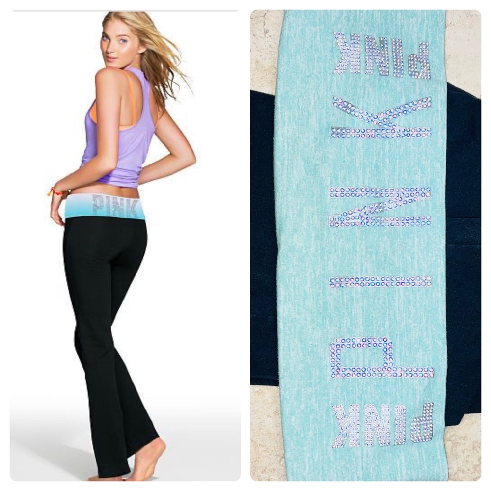 Victoria Secret PINK black & seafoam green fold over yoga pants leggings bling